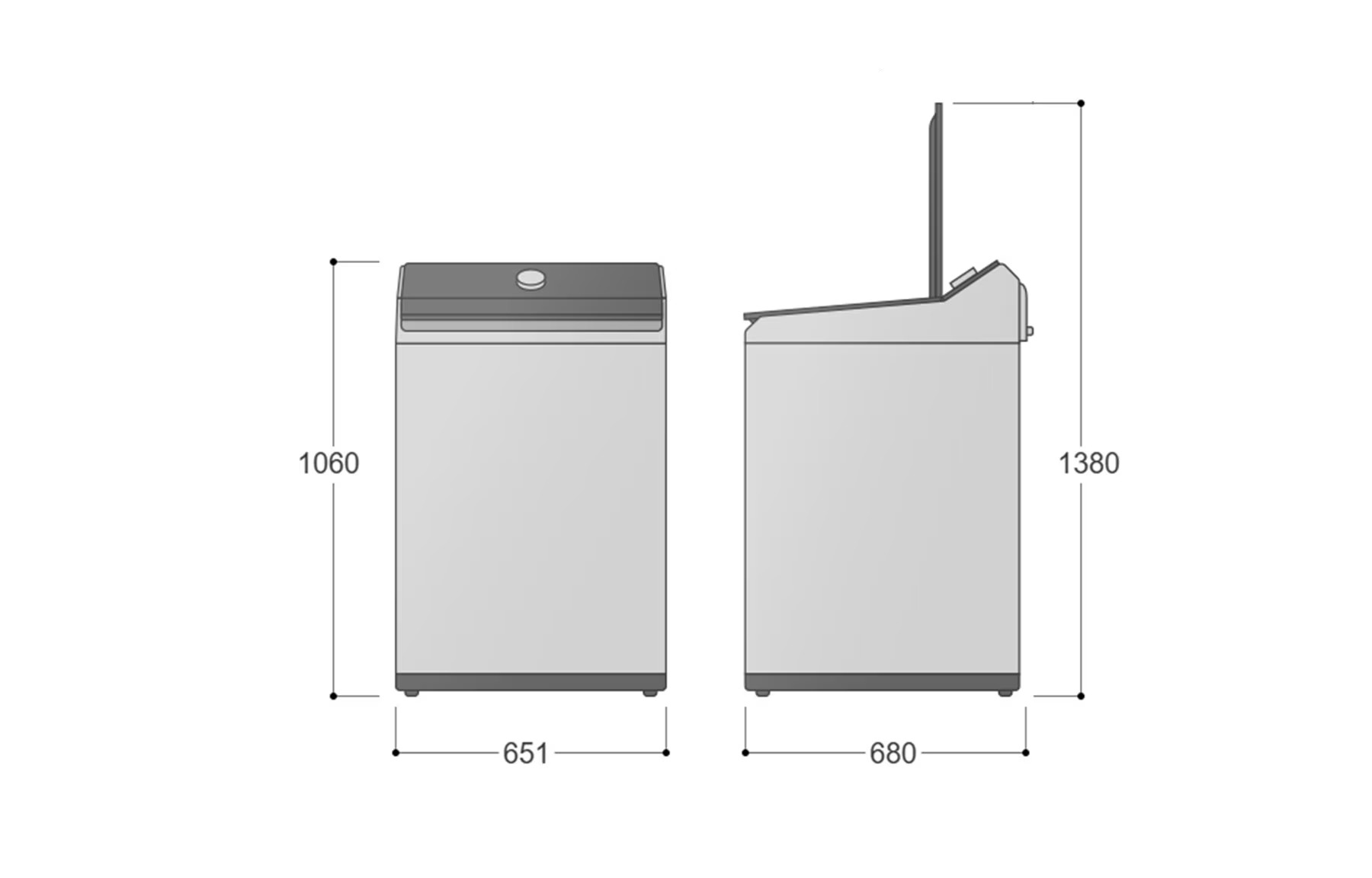 Máy giặt cửa trên kích thước rộng 651 mm, sâu 680 mm, cao 1060 mm và cao 1380 mm khi mở nắp